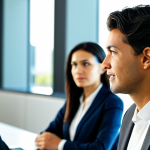A professional businesswoman and a professional businessman, both fully clothed in modest business attire, are engaged in a deep, respectful conversation. They are seated at a polished conference table in a modern, sunlit office, with subtle background blur showing a professional corporate environment. The businesswoman is leaning slightly forward, listening intently, with an empathetic and genuine expression. The businessman is speaking calmly, with open body language, indicating a collaborative exchange. Perfect anatomy, correct proportions, natural pose, well-formed hands, proper finger count, natural body proportions. safe for work, appropriate content, fully clothed, professional, high-resolution photography, crisp focus, vibrant colors, soft lighting.