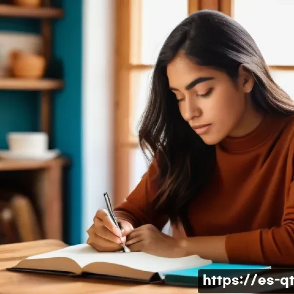 목적 중심적 삶의 과학적 분석 - A thoughtful young Hispanic woman sitting in a cozy, sunlit room, journaling her personal reflection...