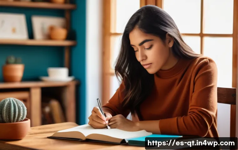 목적 중심적 삶의 과학적 분석 - A thoughtful young Hispanic woman sitting in a cozy, sunlit room, journaling her personal reflection...