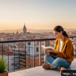 Home 20 목적 중심 삶을 위한 자기 평가 방법 - A serene scene of a young Hispanic woman sitting cross-legged on a cozy balcony overlooking a vibran...