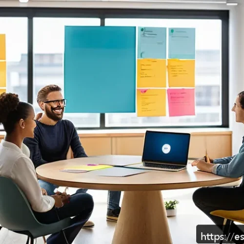 Home 30 목적 중심적 삶을 위한 팀 빌딩 전략 - A diverse team of professionals in a modern, bright office space engaged in an open dialogue session...