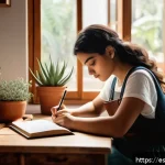 Home 23 목적 중심적 생활의 경험적 사례 - A serene morning scene of a young Hispanic woman sitting at a tidy wooden desk by a large window wit...