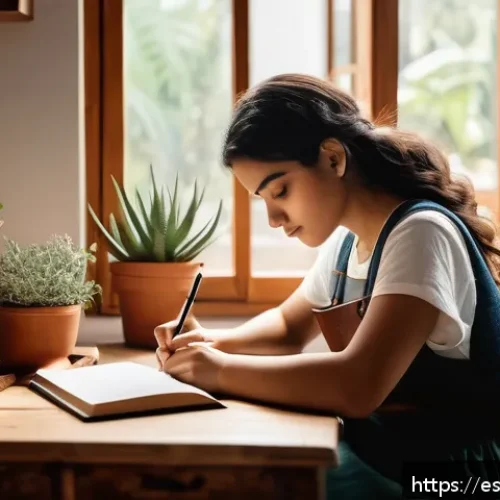 Home 17 목적 중심적 생활의 경험적 사례 - A serene morning scene of a young Hispanic woman sitting at a tidy wooden desk by a large window wit...